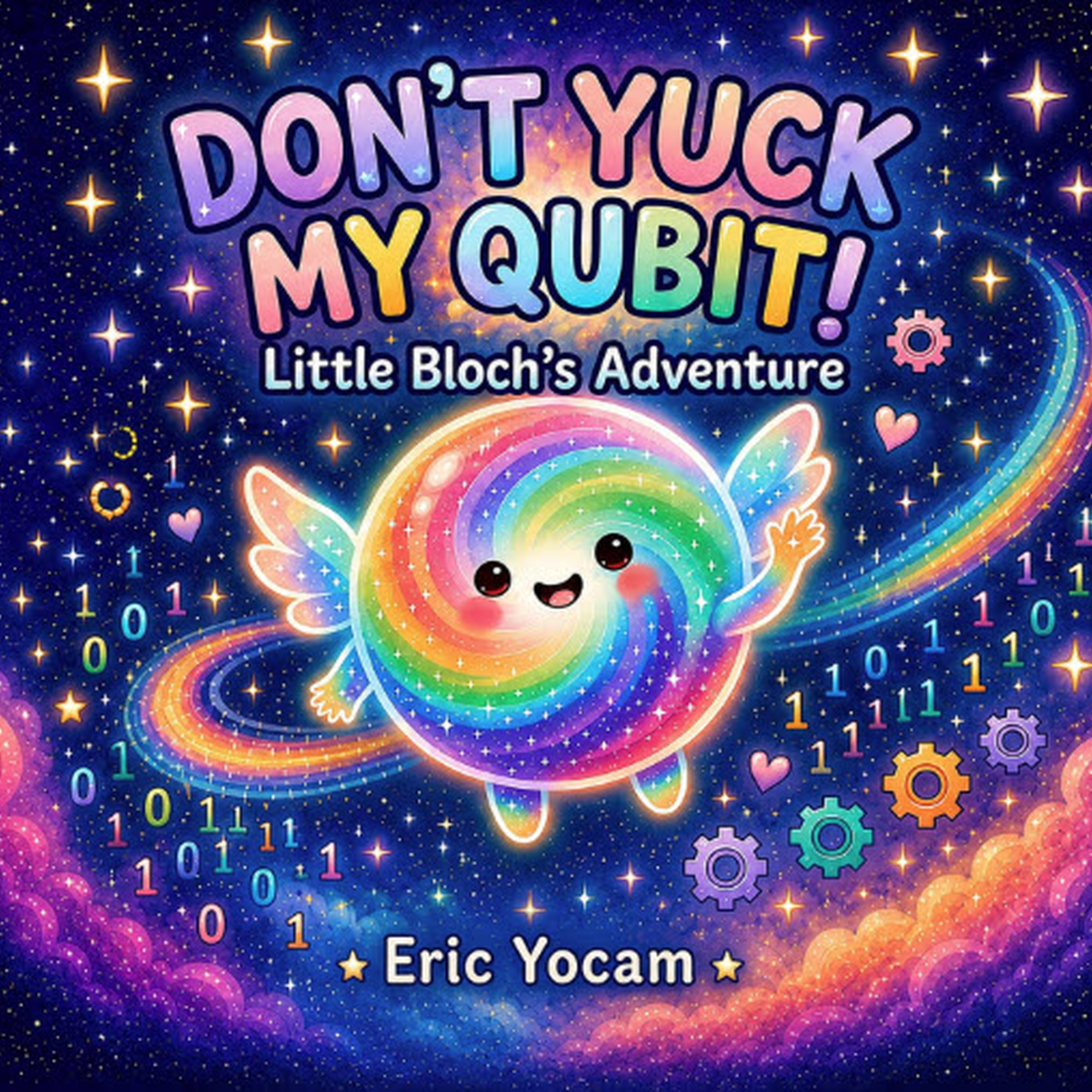 Don't Yuck My Qubit: Little Bloch's Adventure - cover showing a smiling rainbow qubit with wings in a starry sky