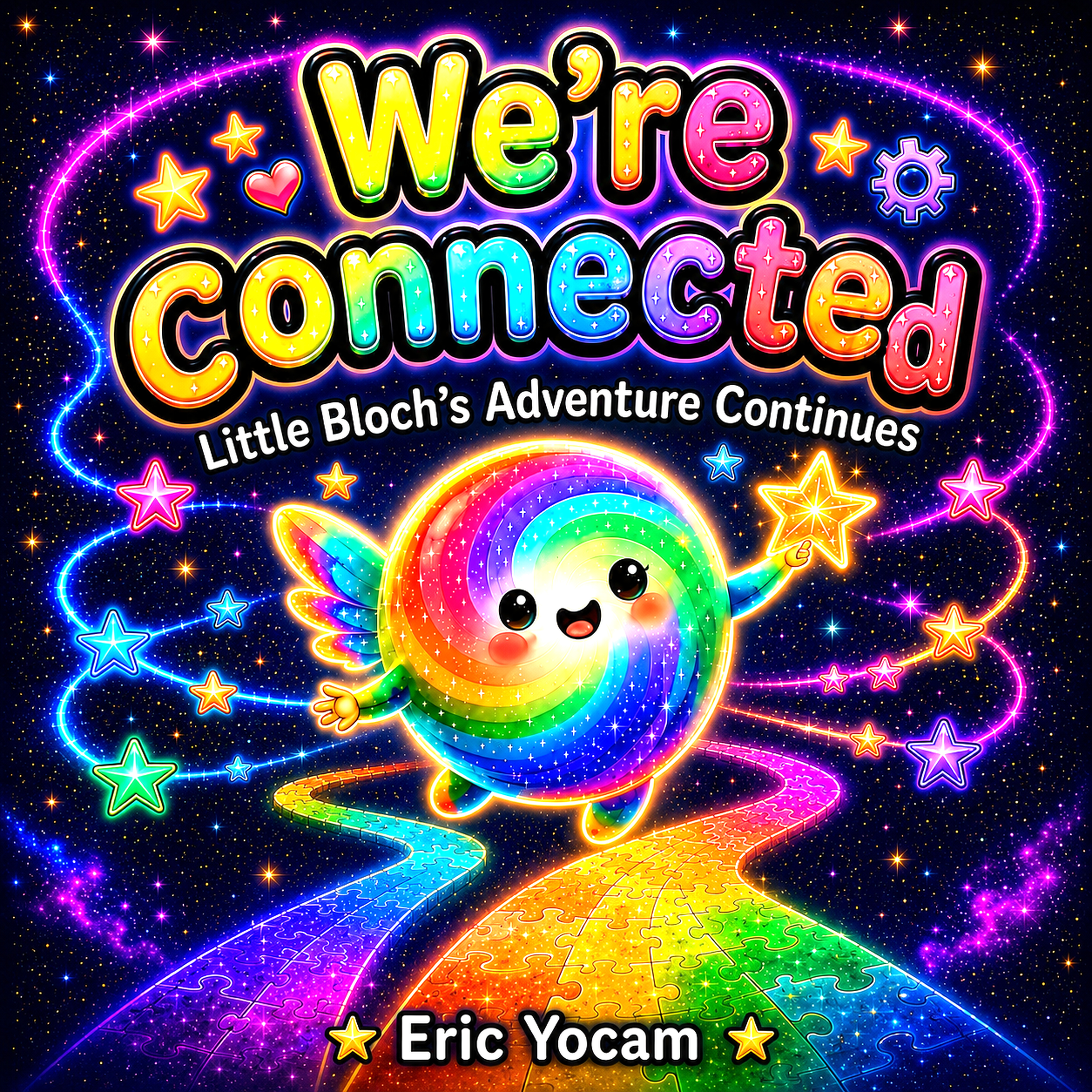 We're Connected!: Little Bloch's Adventure Continues - cover showing Little Bloch above two rainbow puzzle-piece pathways