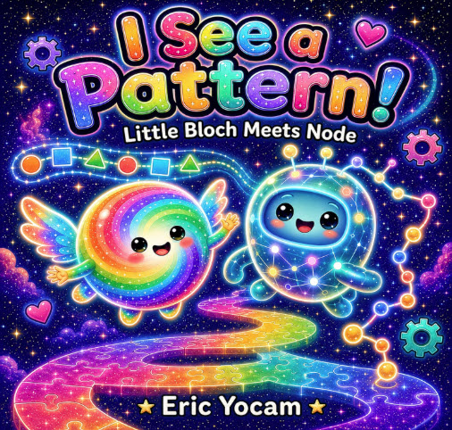 I See a Pattern!: Little Bloch Meets Node - cover showing Little Bloch alongside Node, a glowing network friend, above a repeating pattern path