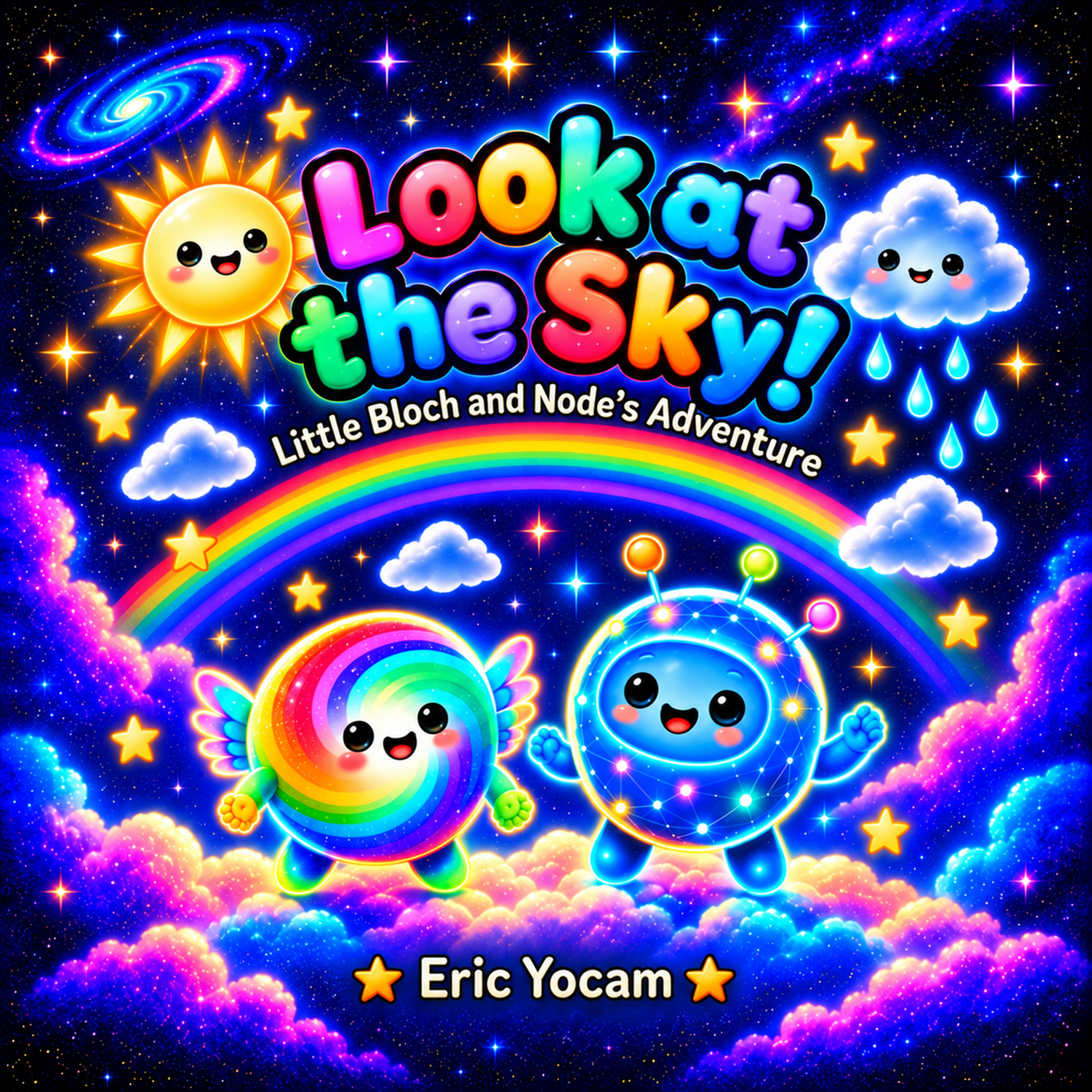 Look at the Sky!: Little Bloch and Node's Adventure - cover showing Little Bloch and Node together under drifting clouds