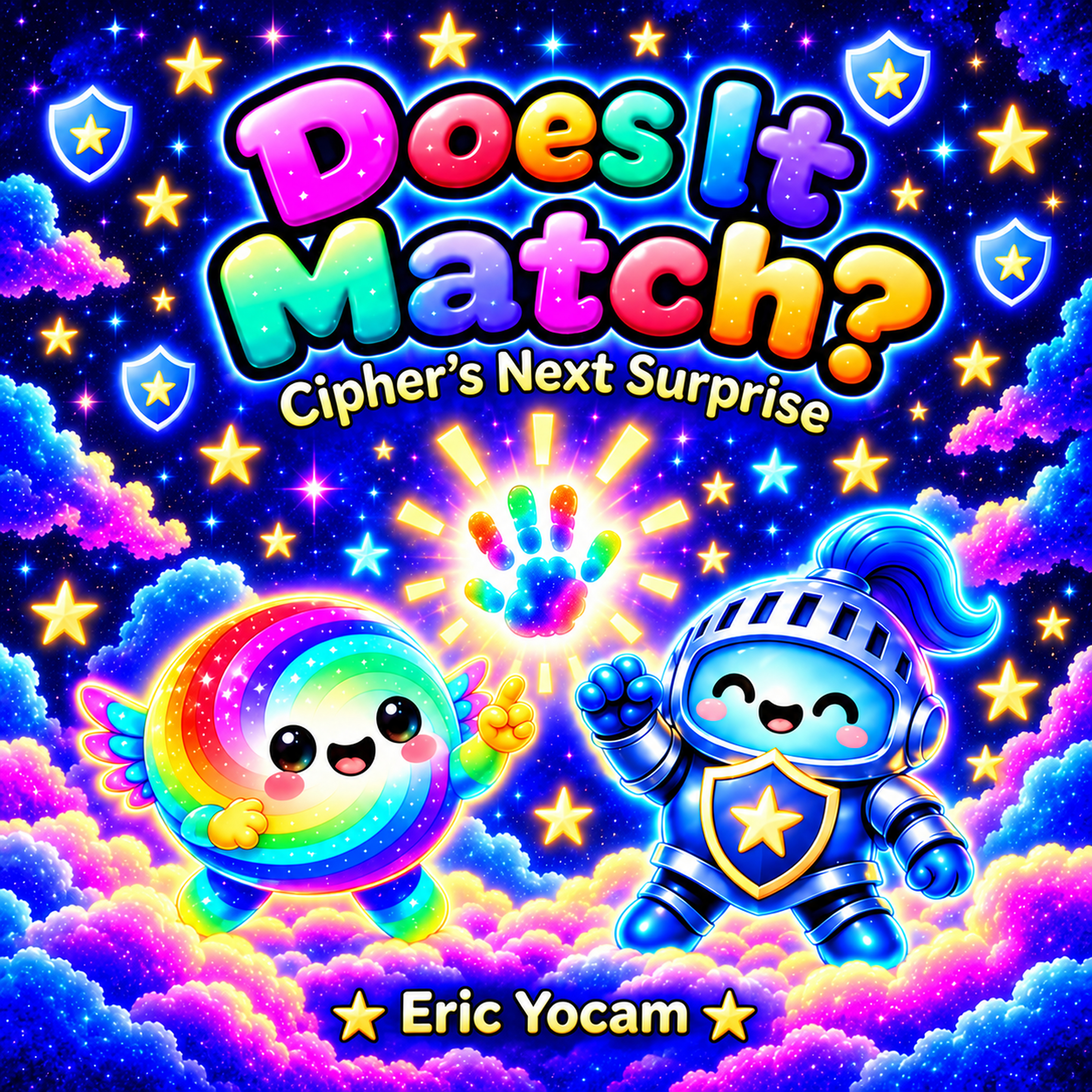 Does It Match?: Cipher's Next Surprise - cover showing Little Bloch and Cipher beside a glowing rainbow handprint